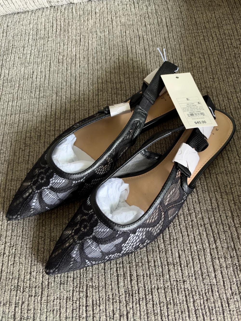 Black Lace Pointed Toe Slingback Flats